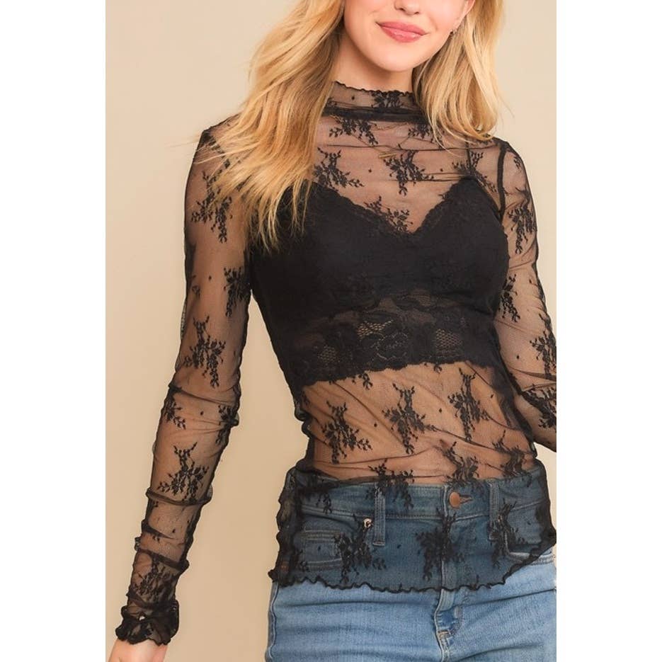 Jenni MESH LACE HIGH NECK LONG SLEEVE FITTED TOP