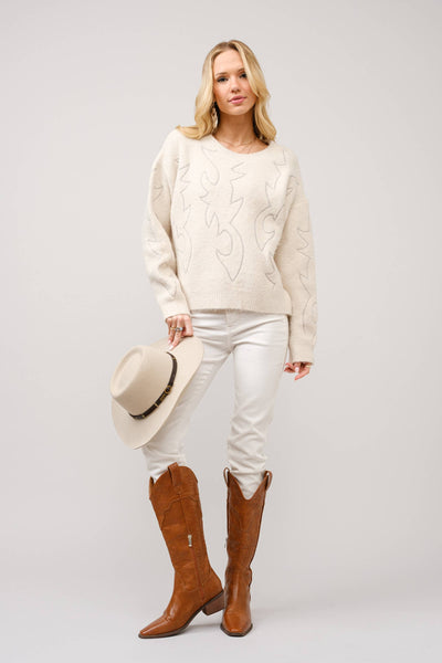 Cassidy Western Boots Stitch Pattern Crew Neck Sweater