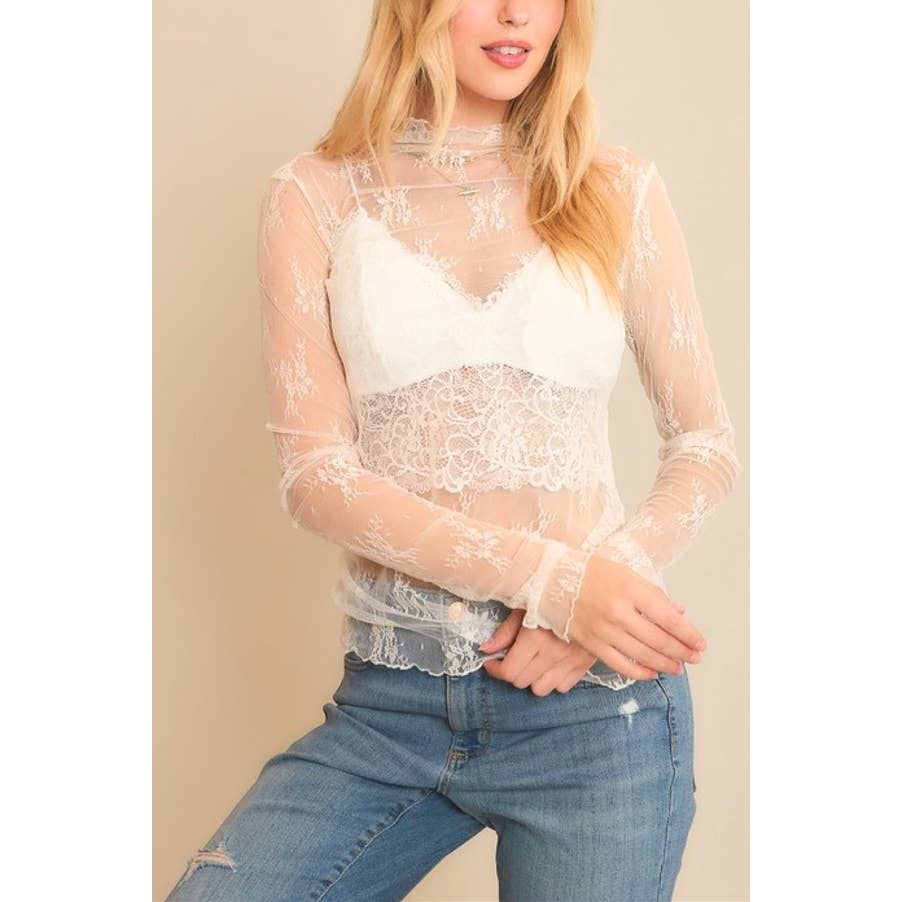 Jenni MESH LACE HIGH NECK LONG SLEEVE FITTED TOP