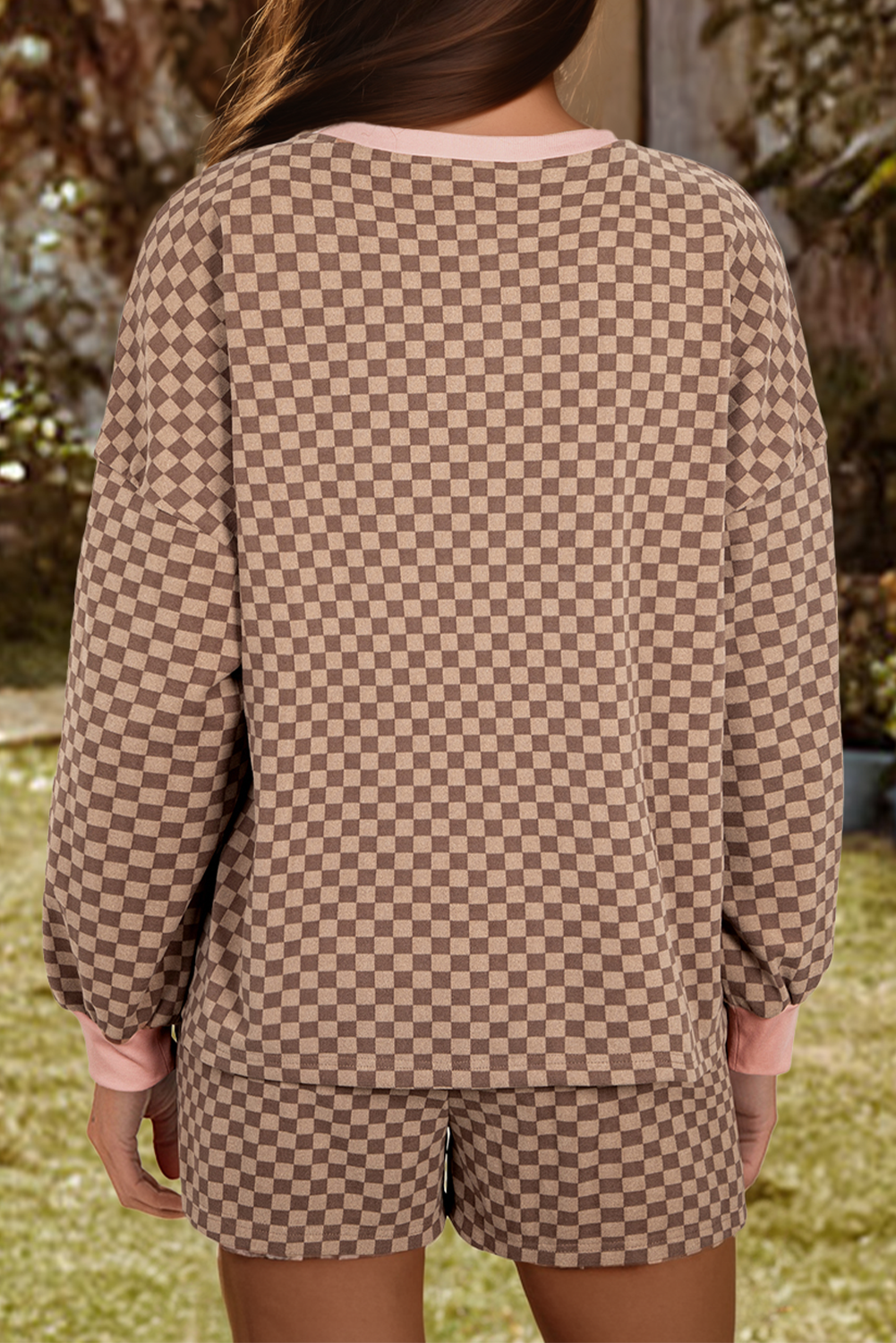 Adeline Checkerboard Long Sleeve Shorts Set
