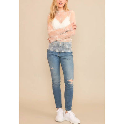 Jenni MESH LACE HIGH NECK LONG SLEEVE FITTED TOP