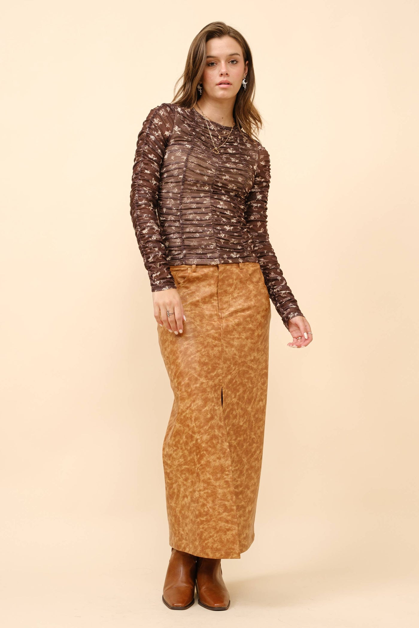 Ruched Western Print Mesh Top