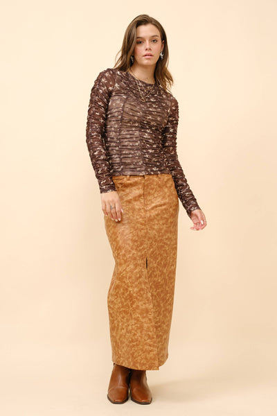 Ruched Western Print Mesh Top