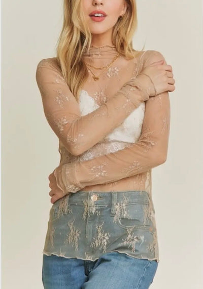 Jenni MESH LACE HIGH NECK LONG SLEEVE FITTED TOP