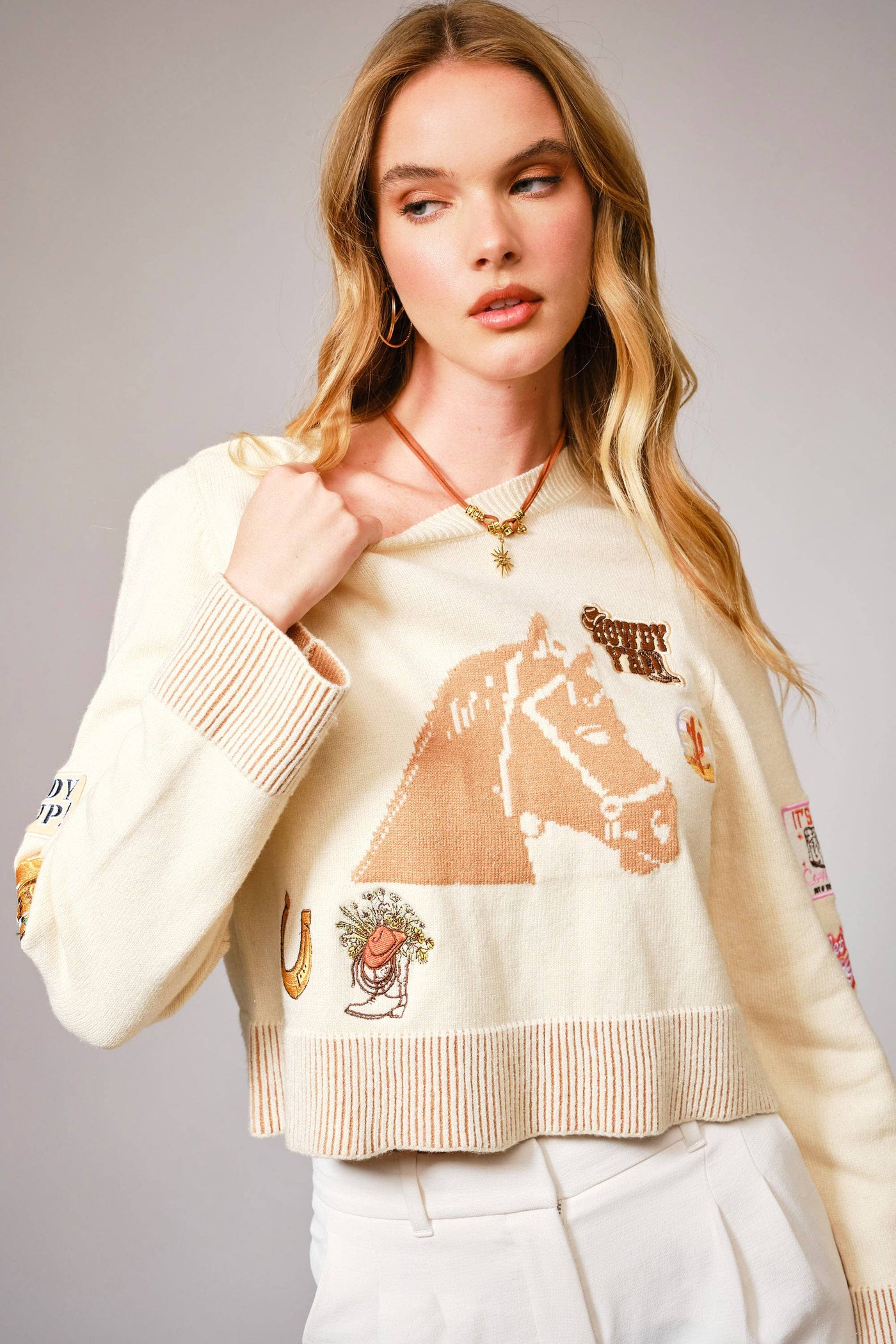 Old English Horse Graphic Western Patch Sweater
