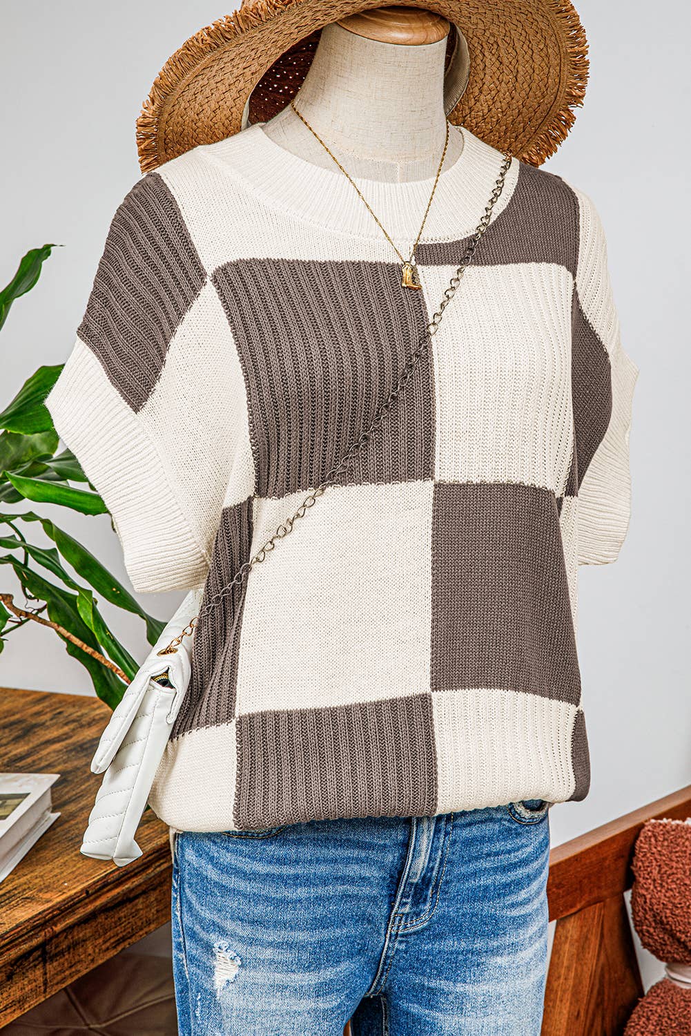 Penelope Checkered Colorblock Short Sleeve Sweater