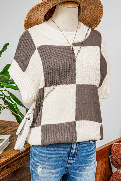 Penelope Checkered Colorblock Short Sleeve Sweater