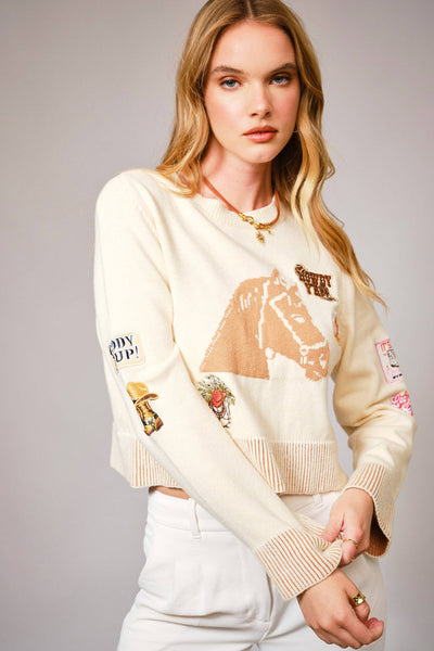 Old English Horse Graphic Western Patch Sweater