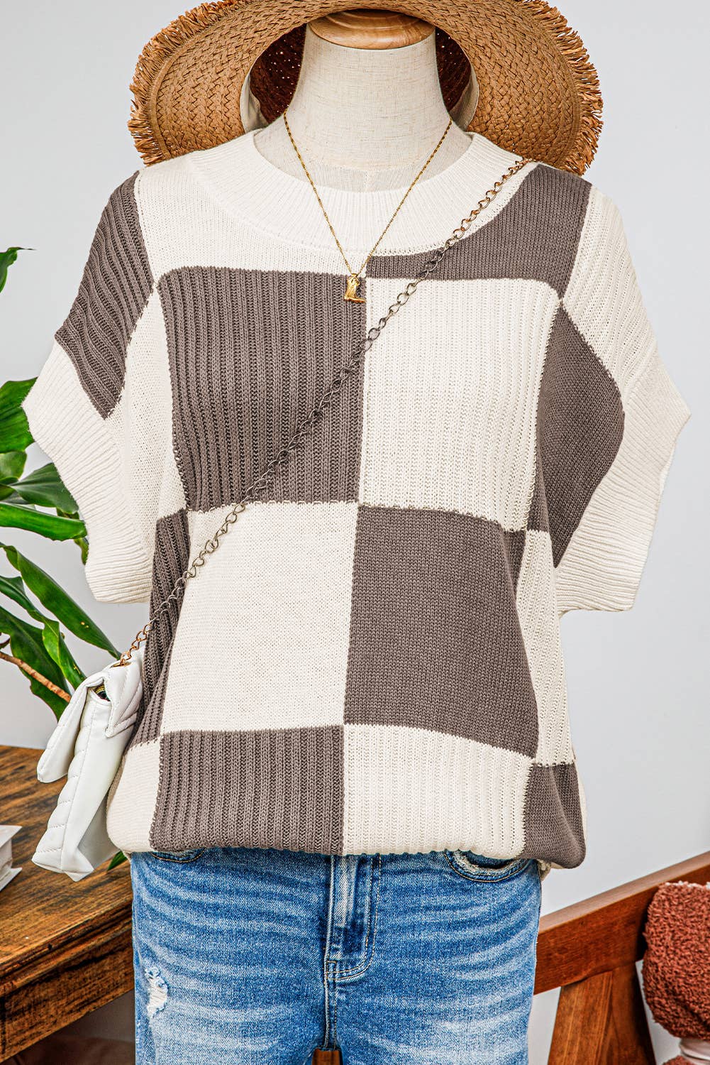 Penelope Checkered Colorblock Short Sleeve Sweater
