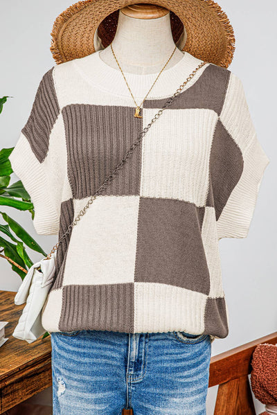 Penelope Checkered Colorblock Short Sleeve Sweater
