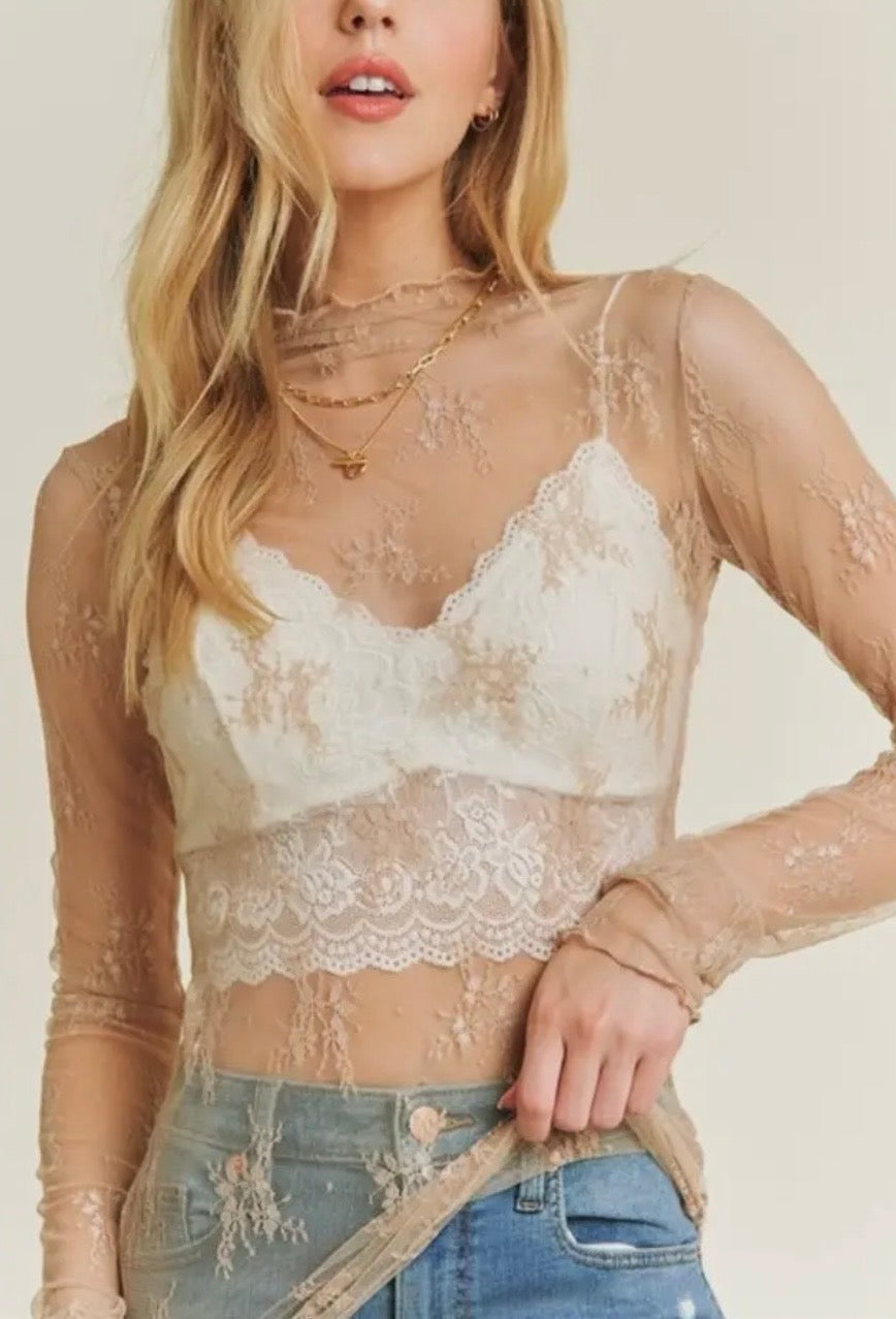 Jenni MESH LACE HIGH NECK LONG SLEEVE FITTED TOP