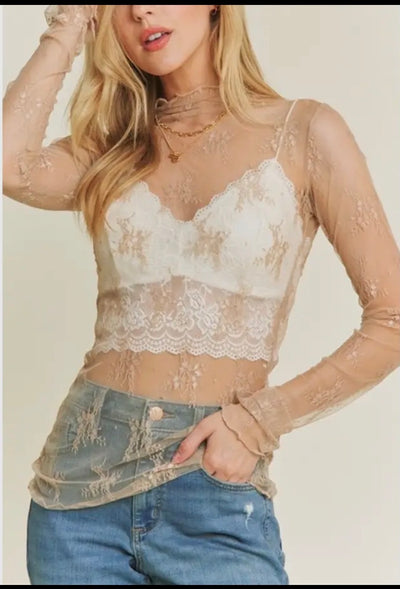 Jenni MESH LACE HIGH NECK LONG SLEEVE FITTED TOP