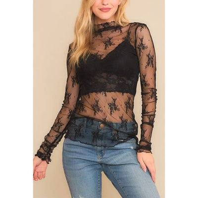 Jenni MESH LACE HIGH NECK LONG SLEEVE FITTED TOP