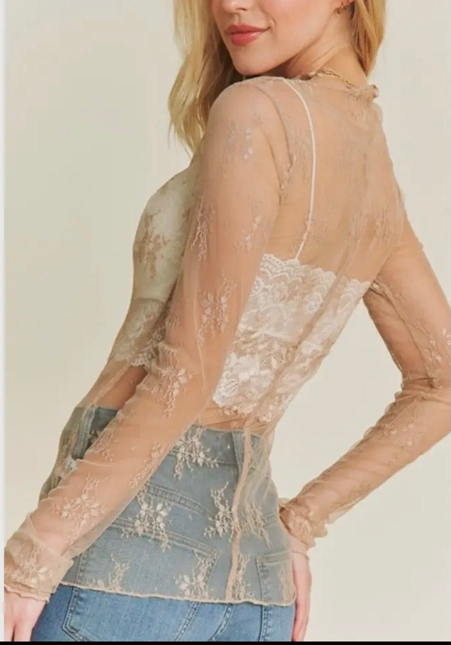 Jenni MESH LACE HIGH NECK LONG SLEEVE FITTED TOP