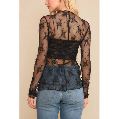 Jenni MESH LACE HIGH NECK LONG SLEEVE FITTED TOP