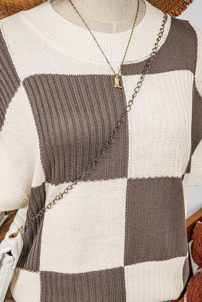 Penelope Checkered Colorblock Short Sleeve Sweater