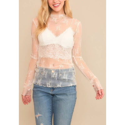 Jenni MESH LACE HIGH NECK LONG SLEEVE FITTED TOP