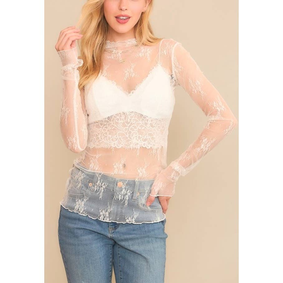 Jenni MESH LACE HIGH NECK LONG SLEEVE FITTED TOP