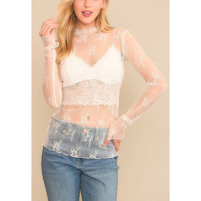 Jenni MESH LACE HIGH NECK LONG SLEEVE FITTED TOP