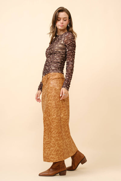 Ruched Western Print Mesh Top