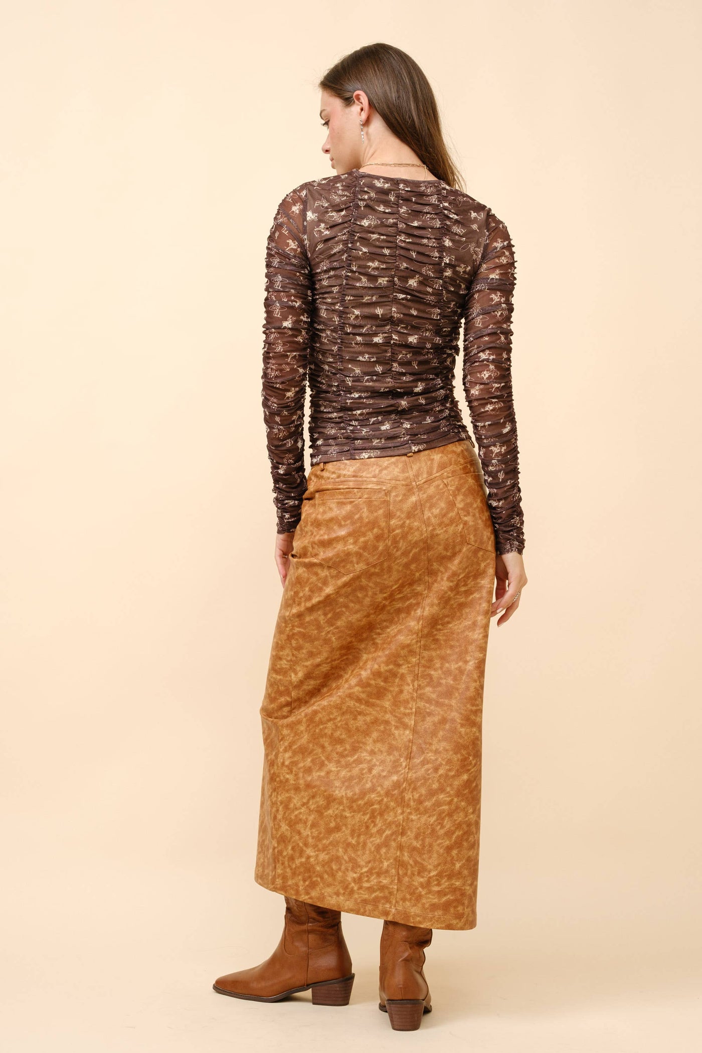 Ruched Western Print Mesh Top