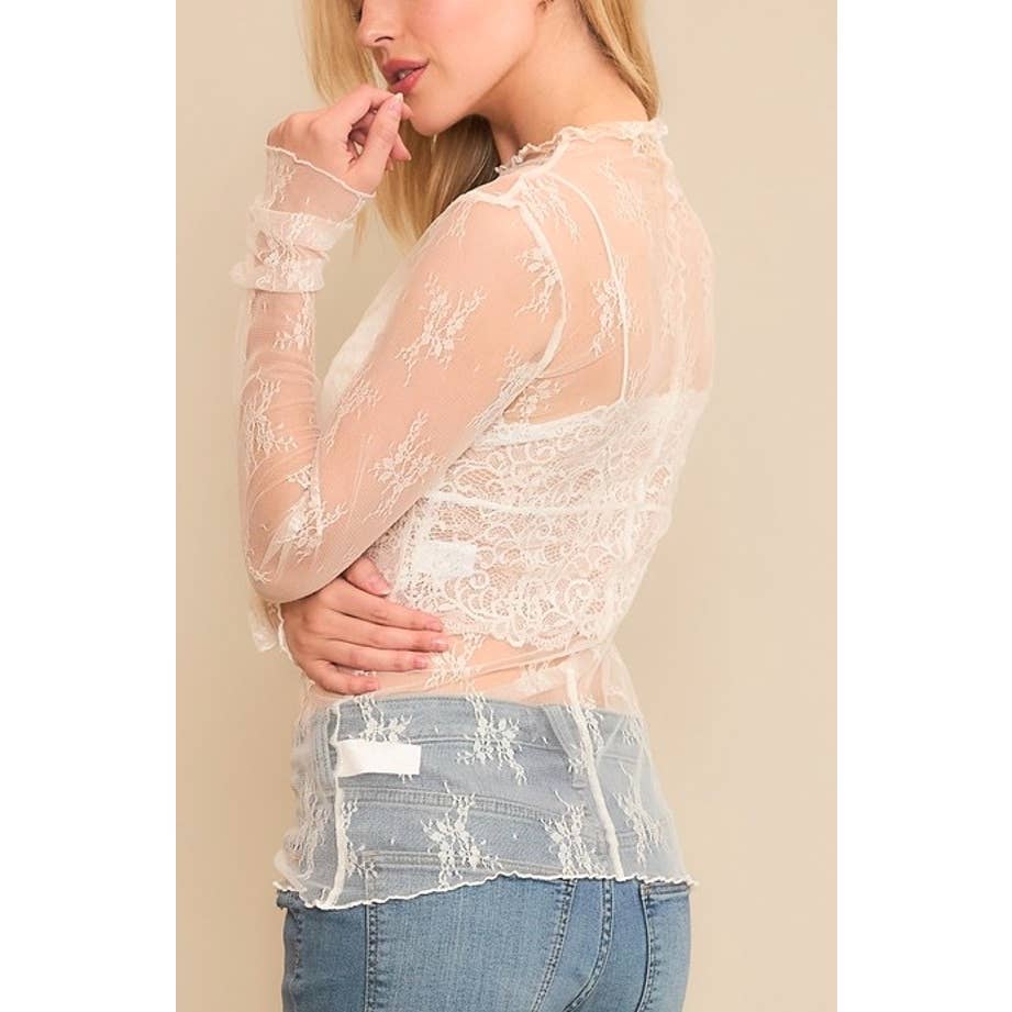 Jenni MESH LACE HIGH NECK LONG SLEEVE FITTED TOP
