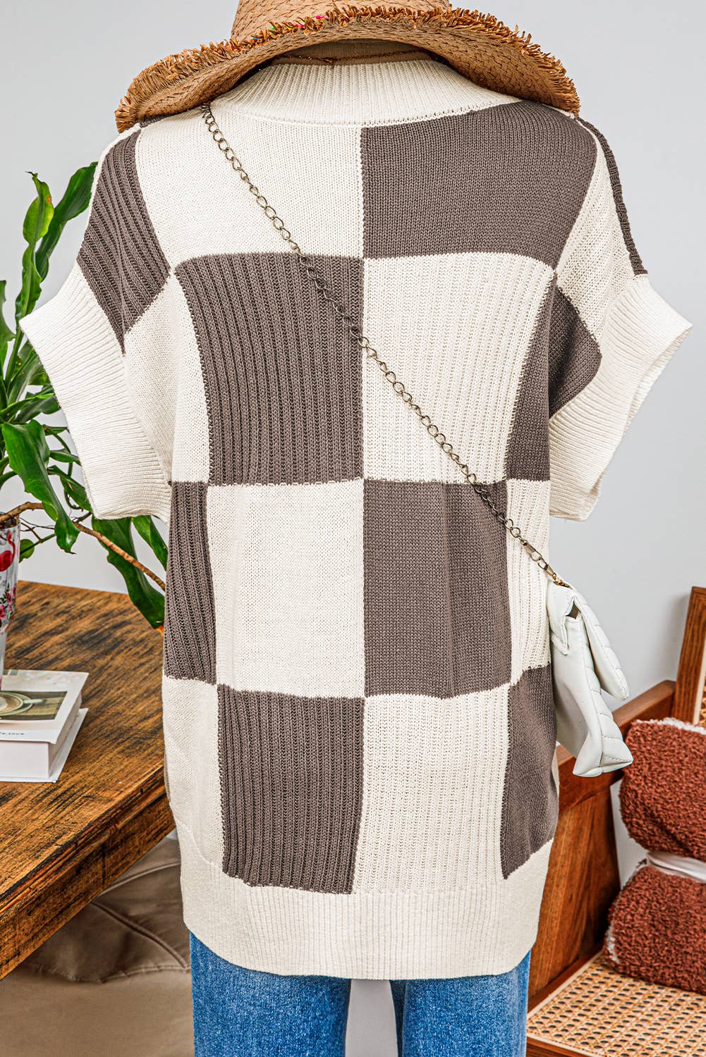 Penelope Checkered Colorblock Short Sleeve Sweater
