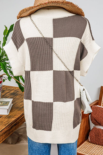 Penelope Checkered Colorblock Short Sleeve Sweater