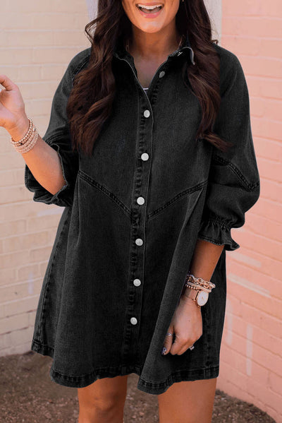 Black Buttoned Long Sleeve Denim Mini Dress - Groopdealz