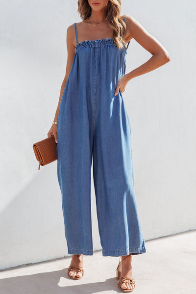 Wide Leg Denim Jumpsuit - Groopdealz